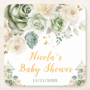 Sage Green and Cream Floral Baby Shower Square Paper Coaster