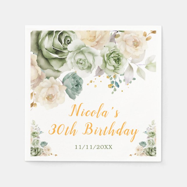 Sage Green and Cream Floral Birthday Napkin (Front)