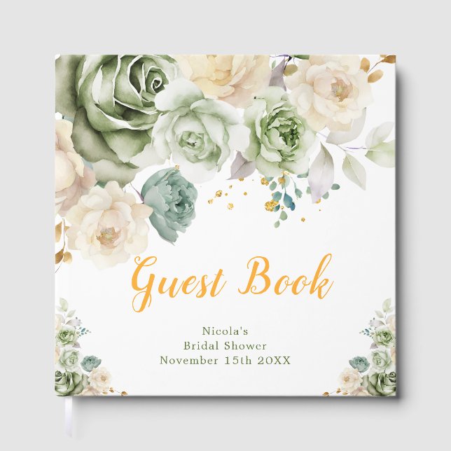 Sage Green and Cream Floral Bridal Shower Guest Book (Front)