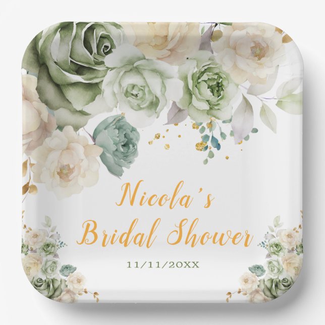 Sage Green and Cream Floral Bridal Shower Paper Plate (Front)
