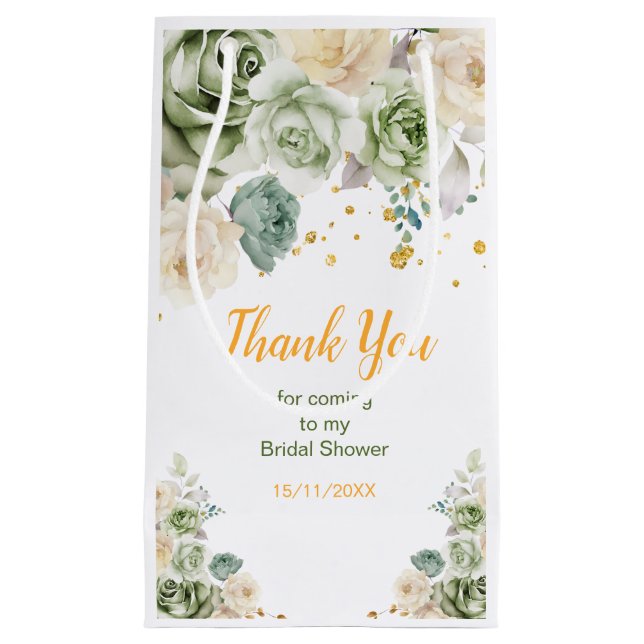 Sage Green and Cream Floral Bridal Shower Small Gift Bag (Front)