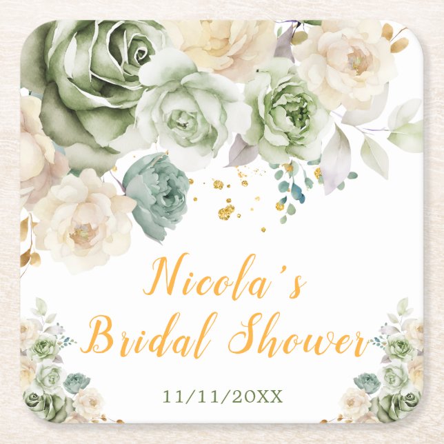 Sage Green and Cream Floral Bridal Shower Square Paper Coaster (Front)