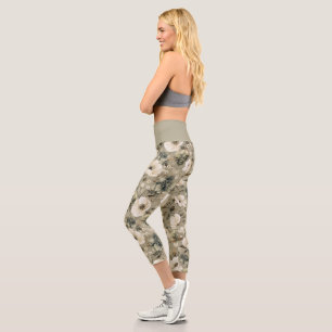 Sage Green And Cream Floral Capri Leggings