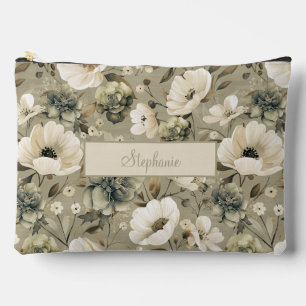 Sage Green And Cream Floral Personalised Accessory Pouch