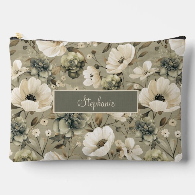 Sage Green And Cream Floral Personalised Accessory Pouch (Front)