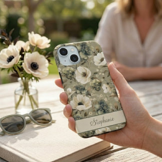 Sage Green And Cream Floral Personalised iPhone 15 Case