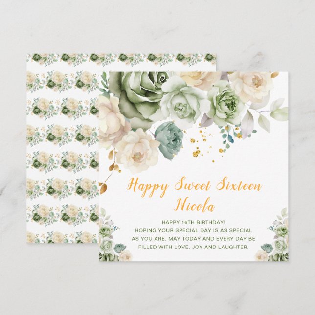 Sage Green and Cream Floral Sweet Sixteen Card (Front/Back)