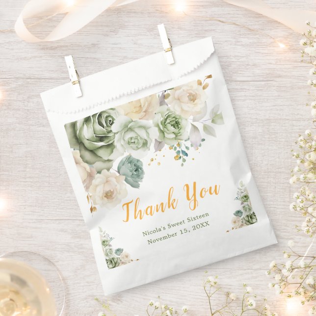 Sage Green and Cream Floral Sweet Sixteen Favour Bag (Clipped)