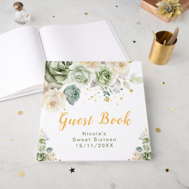 Sage Green and Cream Floral Sweet Sixteen Guest Book (Front Open)