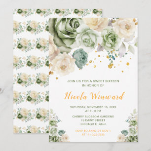 Sage Green and Cream Floral Sweet Sixteen Invitation
