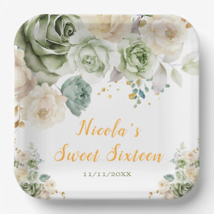 Sage Green and Cream Floral Sweet Sixteen Paper Plate
