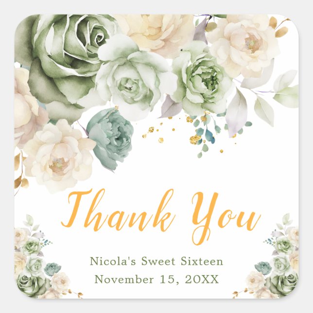 Sage Green and Cream Floral Sweet Sixteen Square Sticker (Front)