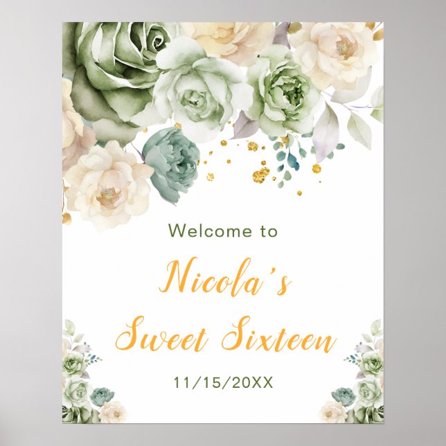 Sage Green and Cream Floral Sweet Sixteen Welcome Poster (Front)