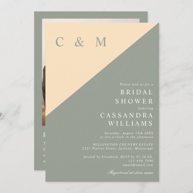 Sage Green And Cream Photo QR Code Bridal Shower Invitation (Front/Back)