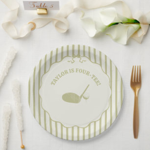 Sage Green and Cream Stripes Golf Themed Party Paper Plate