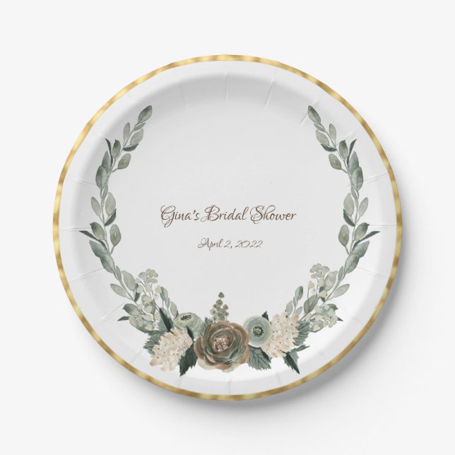 Sage Green and Creamy Vanilla Watercolor Flowers   Paper Plate (Front)