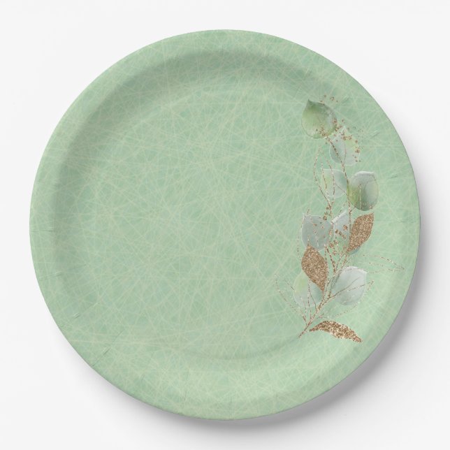 Sage Green and Glitter Botanical Leaf Paper Plate (Front)