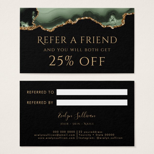 Sage green and gold agate referral card (Front & Back)