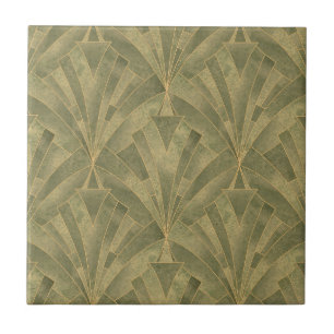 Sage Green and Gold Art Deco Pattern Ceramic Tile
