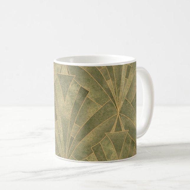 Sage Green and Gold Art Deco Pattern Coffee Mug (Front Right)