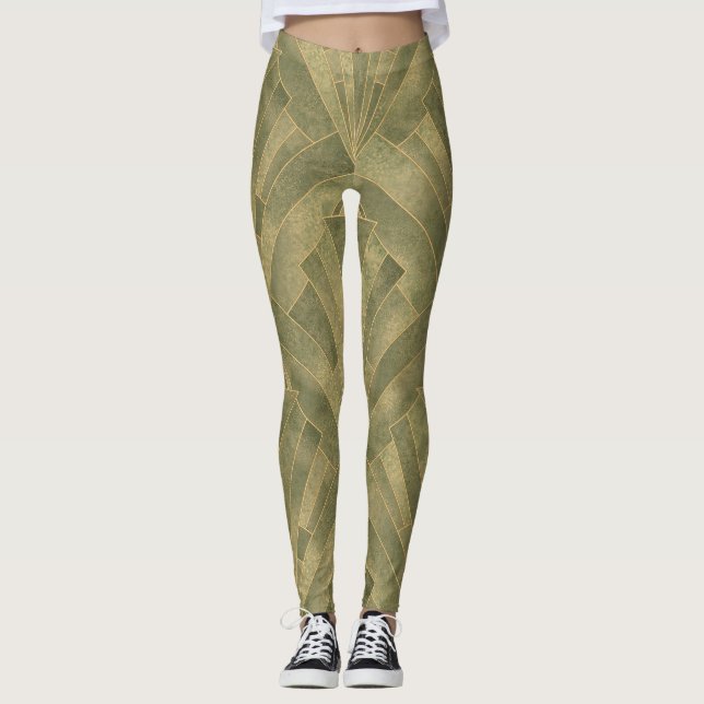Sage Green and Gold Art Deco Pattern Leggings (Front)