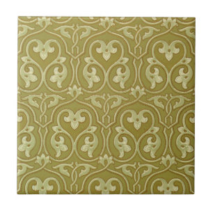 Sage Green and Gold Art Nouveau Pattern Ceramic Tile