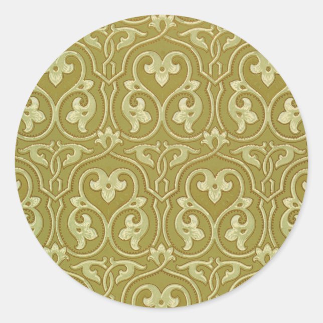 Sage Green and Gold Art Nouveau Pattern Classic Round Sticker (Front)