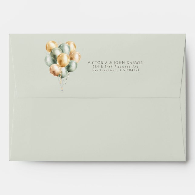 Sage Green and Gold Balloons Modern Elegant Envelope (Back (Top Flap))