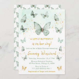 Sage Green and Gold Butterfly Baby Shower Invitation