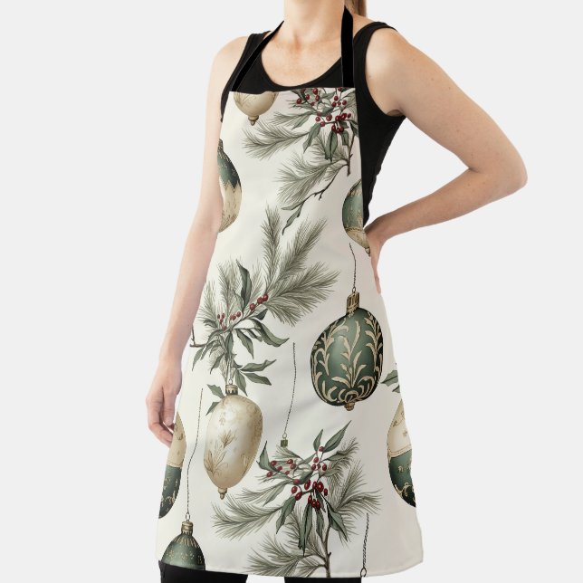 Sage Green and Gold Christmas Ornaments  Apron (Insitu)