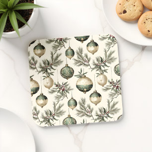 Sage Green and Gold Christmas Ornaments  Coaster