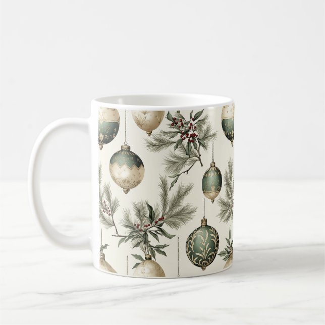 Sage Green and Gold Christmas Ornaments Coffee Mug (Left)