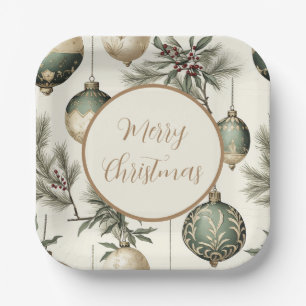 Sage Green and Gold Christmas Ornaments Paper Plate