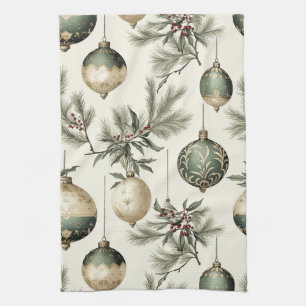 Sage Green and Gold Christmas Ornaments  Tea Towel