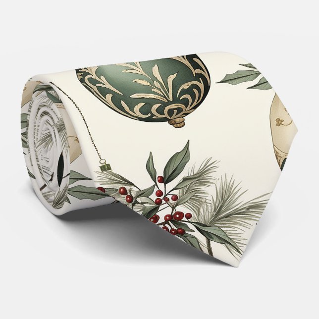 Sage Green and Gold Christmas Ornaments Tie (Rolled)