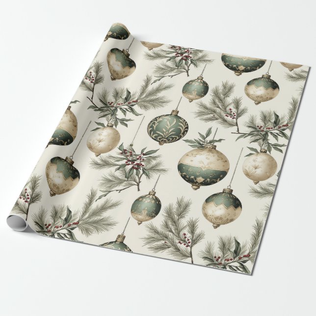 Sage Green and Gold Christmas Ornaments  Wrapping Paper (Unrolled)