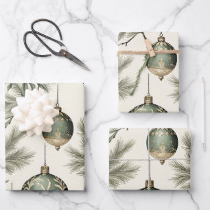 Sage Green and Gold Christmas Ornaments  Wrapping Paper Sheet