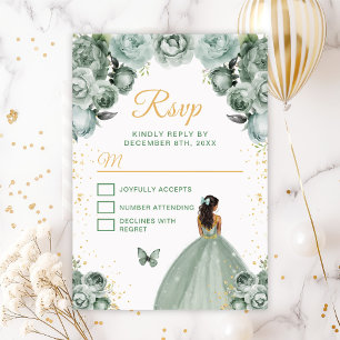 Sage Green and Gold Dark Skin Princess RSVP Card