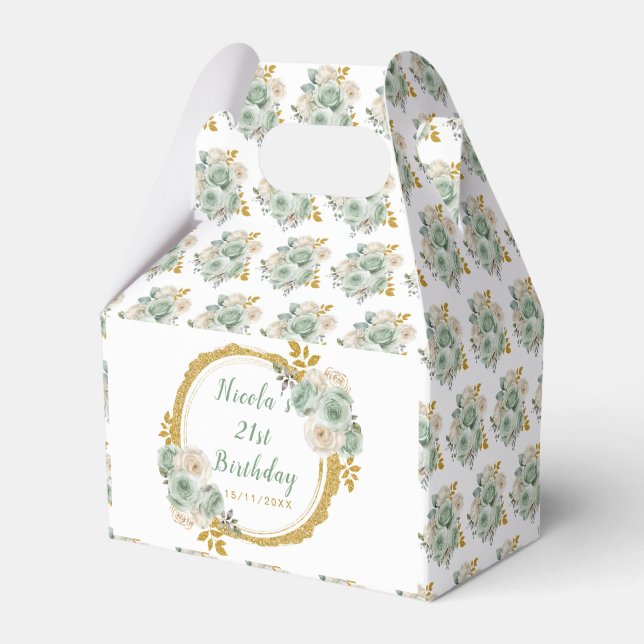Sage Green and Gold Elegant Flowers Birthday Favour Box (Front Side)