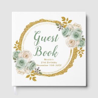 Sage Green and Gold Elegant Flowers Birthday Party Guest Book