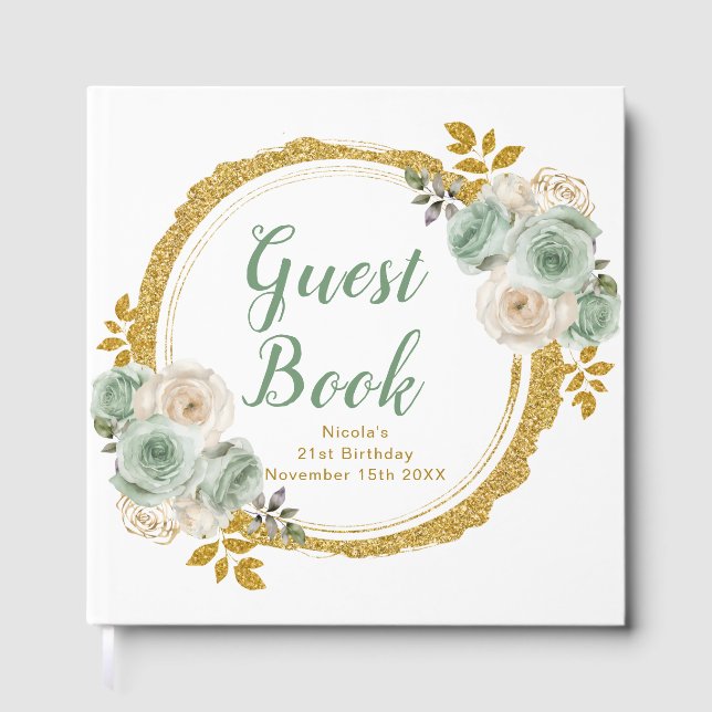 Sage Green and Gold Elegant Flowers Birthday Party Guest Book (Front)