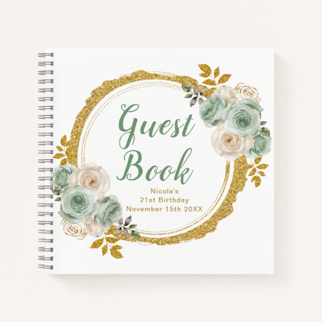 Sage Green and Gold Elegant Flowers Birthday Party Notebook (Front)