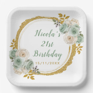 Sage Green and Gold Elegant Flowers Birthday Party Paper Plate