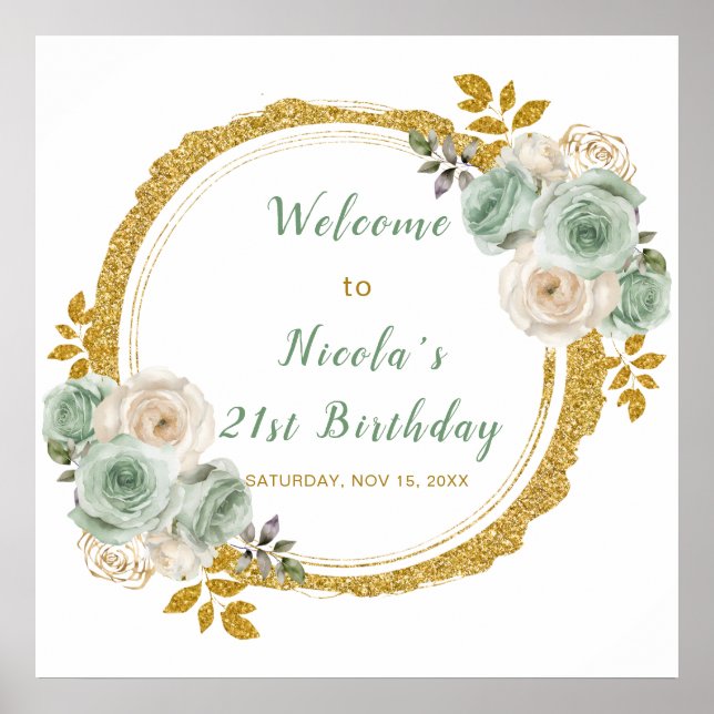 Sage Green and Gold Elegant Flowers Birthday Party Poster (Front)
