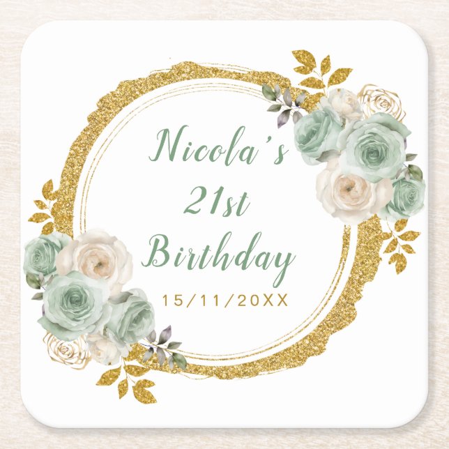 Sage Green and Gold Elegant Flowers Birthday Party Square Paper Coaster (Front)