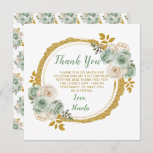 Sage Green and Gold Elegant Flowers Birthday Party Thank You Card