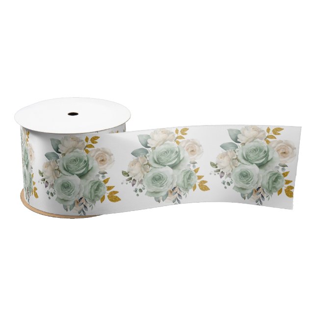 Sage Green and Gold Elegant Flowers Satin Ribbon (Spool)