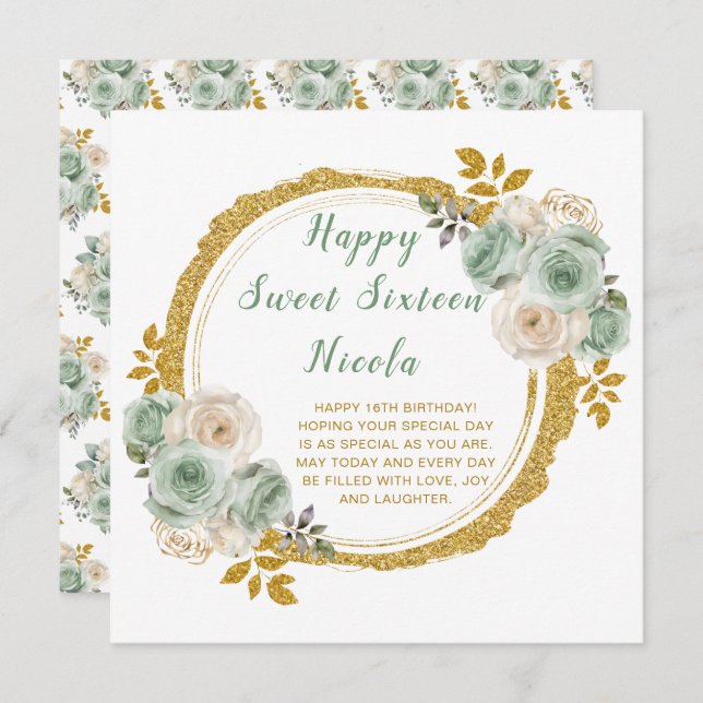 Sage Green and Gold Elegant Flowers Sweet Sixteen Card (Front/Back)