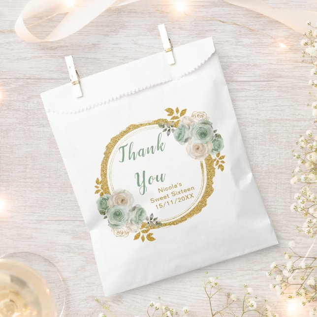 Sage Green and Gold Elegant Flowers Sweet Sixteen Favour Bag (Clipped)