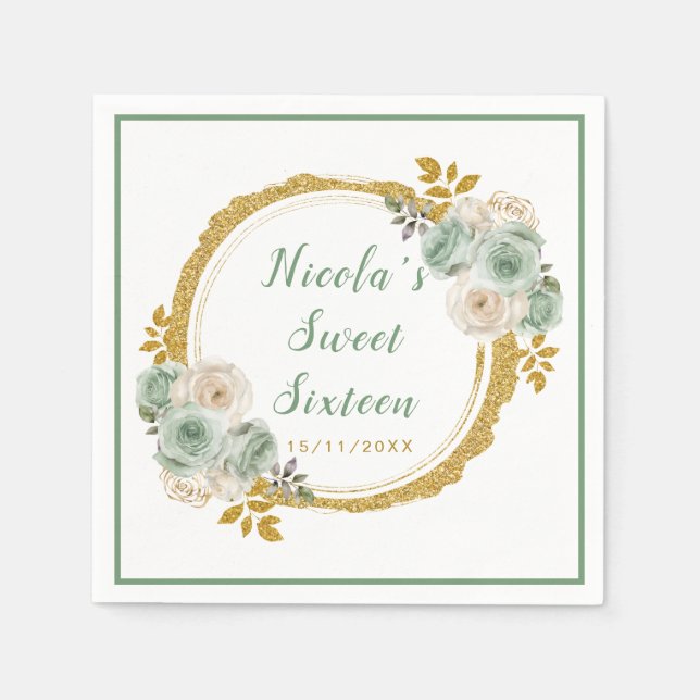 Sage Green and Gold Elegant Flowers Sweet Sixteen Napkin (Front)